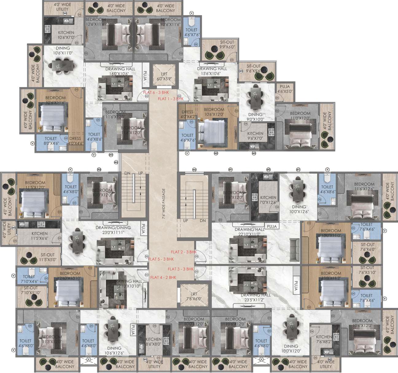 Block A 3 BHK Floor Plan Layout